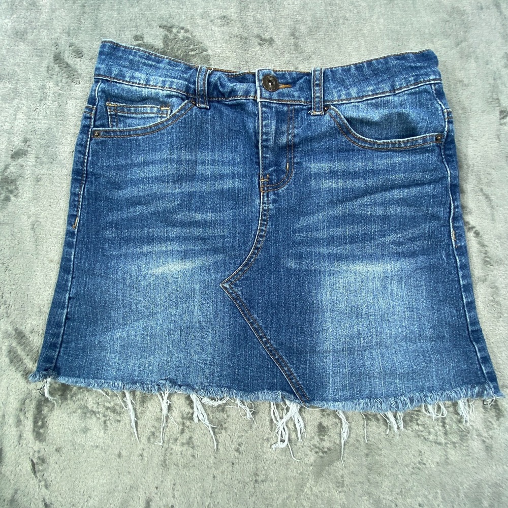 Rue21 Denim Mini Skirt Women Medium Blue Whisker Pleated Raw Hem Low Rise Y2K